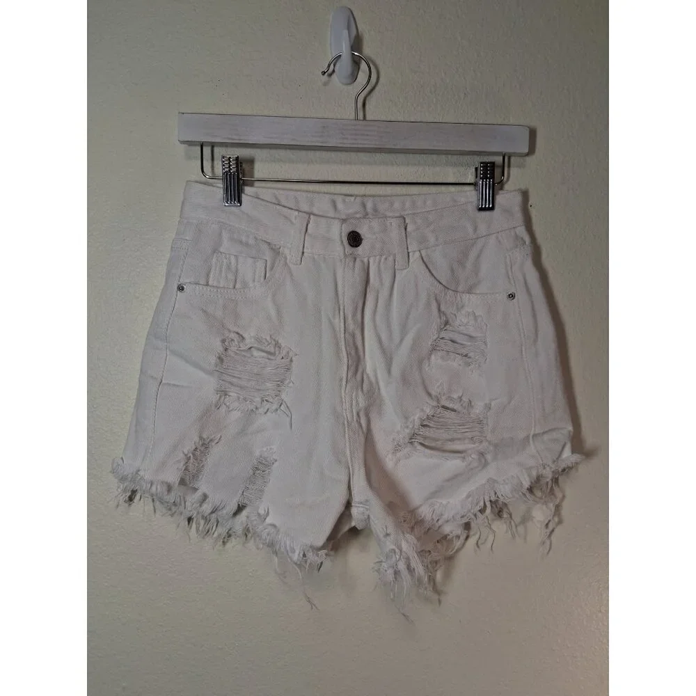 Distressed Denim Jean Shorts Y2K Retro Grunge Casual Summer White Size 29